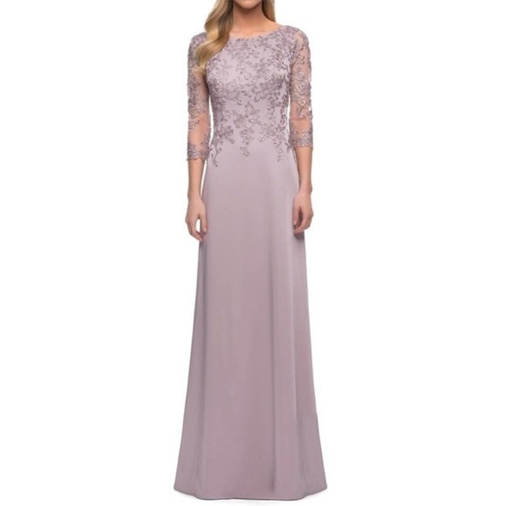 NEW La Femme Floral Appliqué Jersey Column Gown Size 16 Light Mauve Style 29251